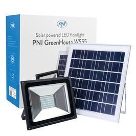 Proiector solar cu LED PNI WS55, 50W, 1200lm, lumina rece, cu senzor de miscare crepuscular, telecomanda, alb, IP67, exterior