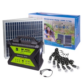 Sistem fotovoltaic 12V / 17Ah, 30W, 6 becuri LED x 5W, SD, USB + functie Bluetooth + radio FM / AM, 4 x USB 5V