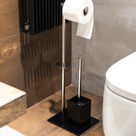 Suport stativ hartie igienica, perie WC inclusa, AWD02071617, fara clapeta, cromat + negru, 66 x 22 x 18 cm