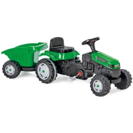 Tractor pentru copii, cu pedala si remorca, plastic, negru + verde, 143 x 51 x 51 cm