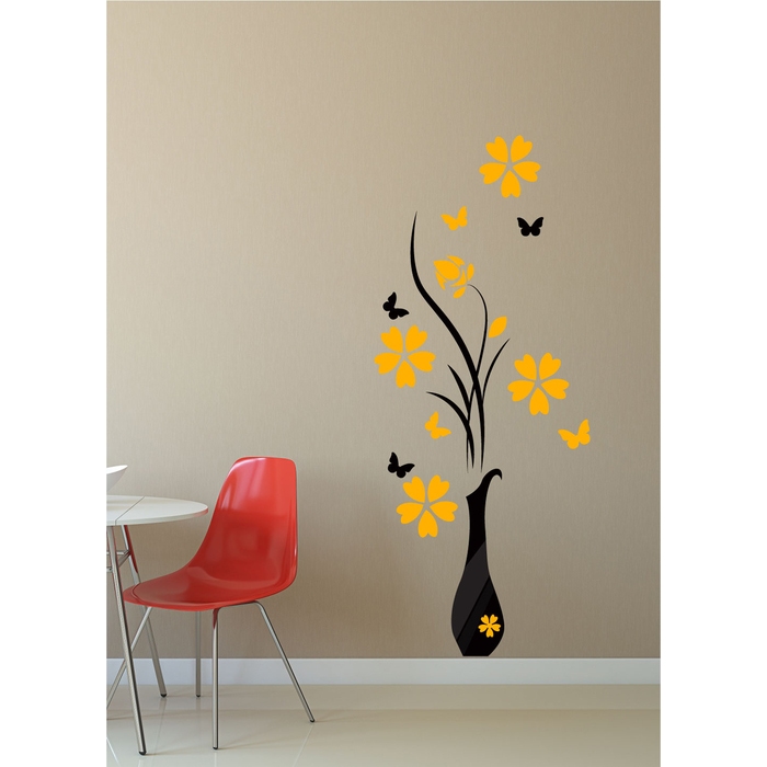 Sticker decorativ perete, living, Flori in vaza si fluturi, PT2310, 65 x 155 cm