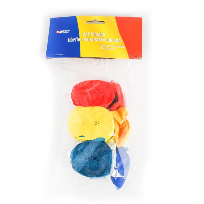 Tricolor, set 3 baloane + 3 bucati hartie creponata, 5 x 200 cm